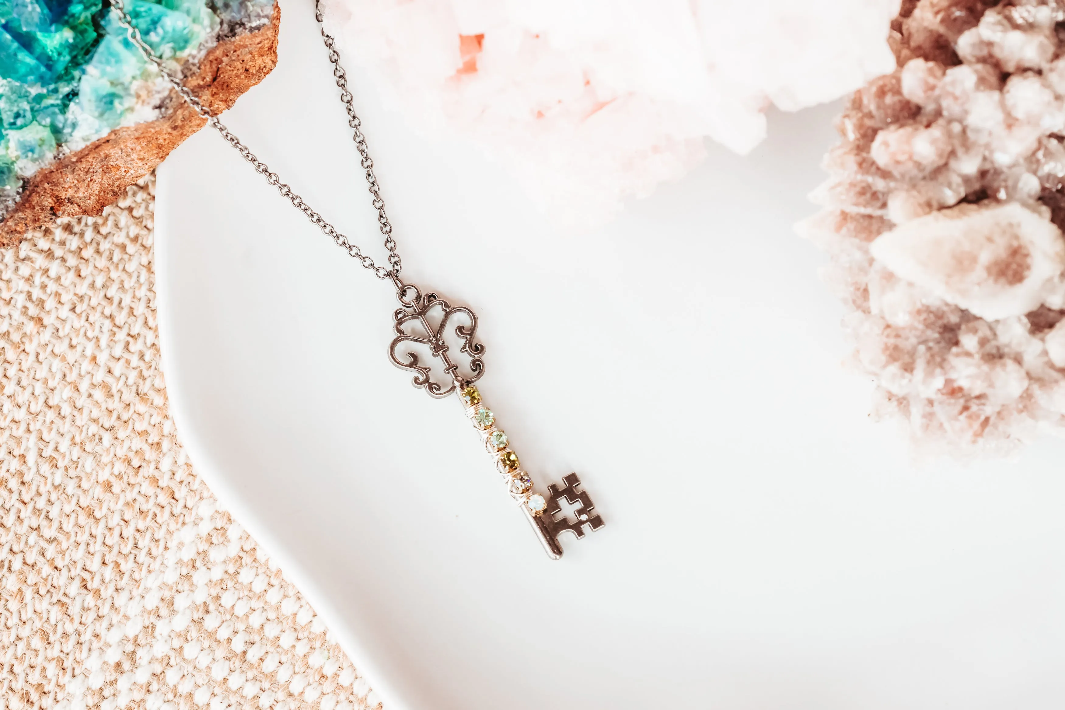 Rhinestone Wrapped Skeleton Key Necklace in Gunmetal