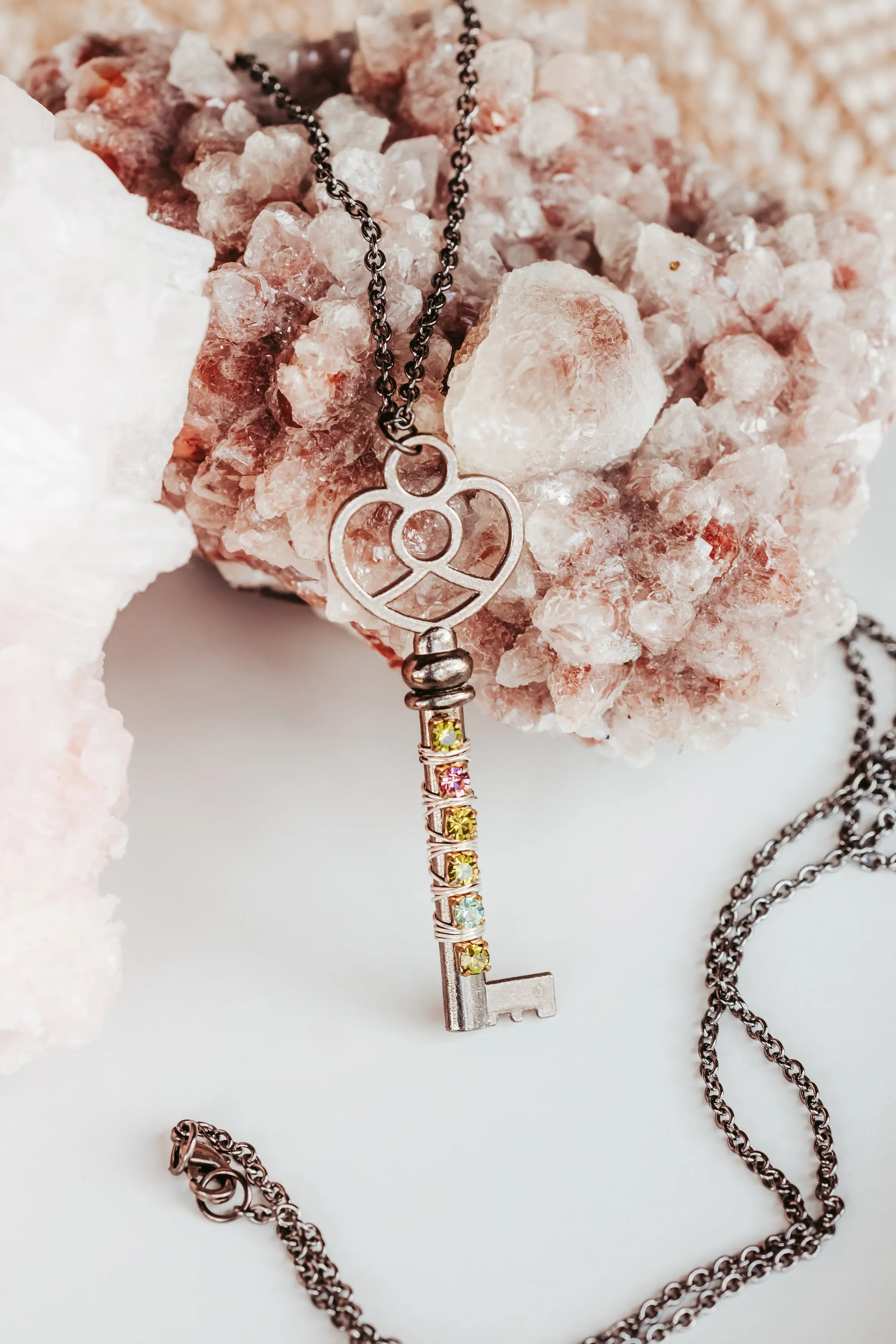 Rhinestone Wrapped Skeleton Key Necklace in Gunmetal