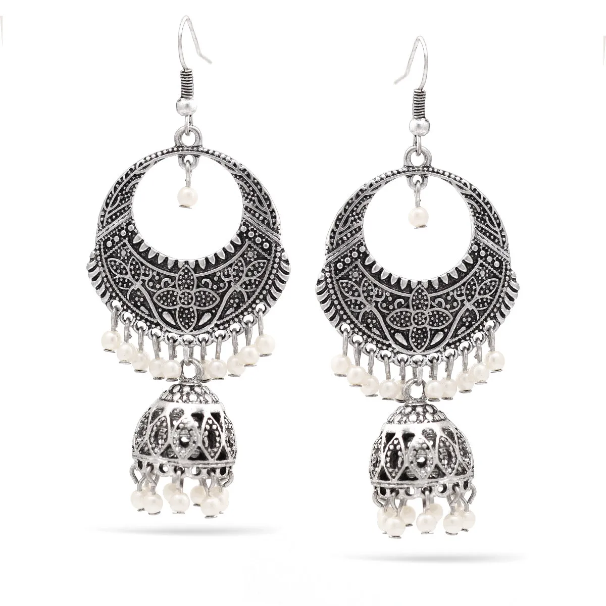 RHODIUM FILIGREE DOGRA JHUMKA PEARL CHANDELIER  EARRINGS #SQ312-72 (HF9)