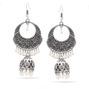 RHODIUM FILIGREE DOGRA JHUMKA PEARL CHANDELIER  EARRINGS #SQ312-72 (HF9)