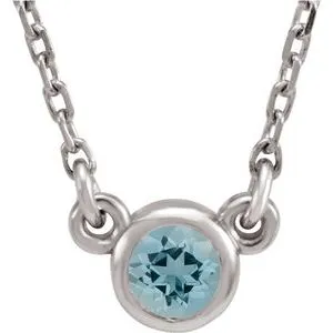 Rhodium-Plated Sterling Silver 3 mm Round Imitation Aquamarine Solitaire 16" Necklace