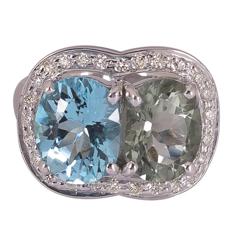 Ring- Green Quartz, Blue Topaz and Diamond