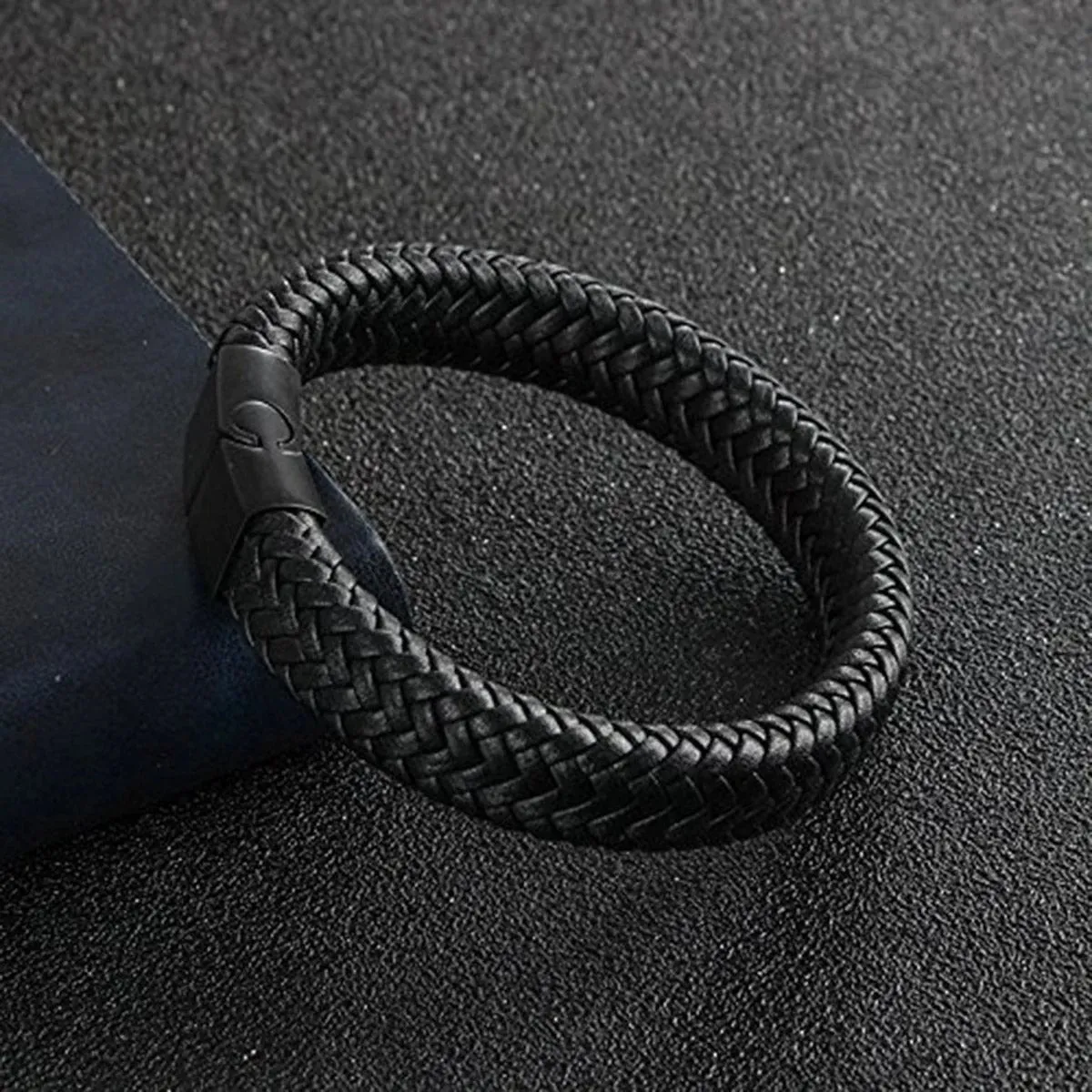 Rope Crafted Braided Black Leather Magnetic Clasp Wristband Bracelet For Men
