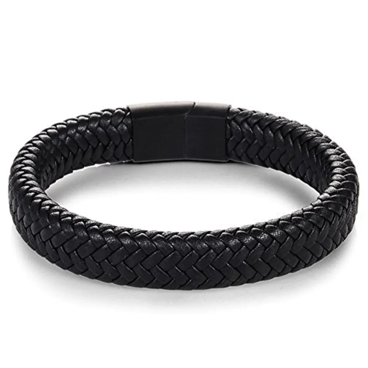 Rope Crafted Braided Black Leather Magnetic Clasp Wristband Bracelet For Men