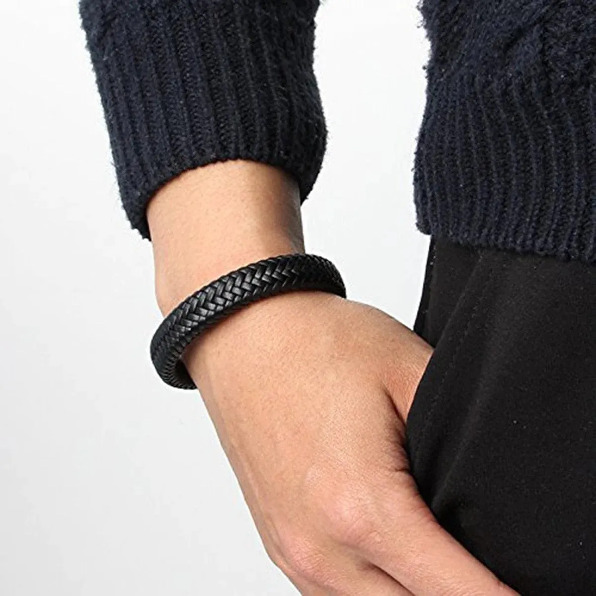 Rope Crafted Braided Black Leather Magnetic Clasp Wristband Bracelet For Men