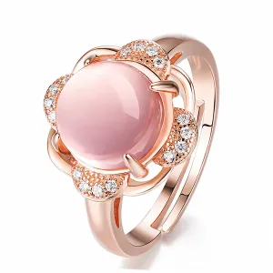 Rose Quartz & Cubic Zirconia Flower Adjustable Ring