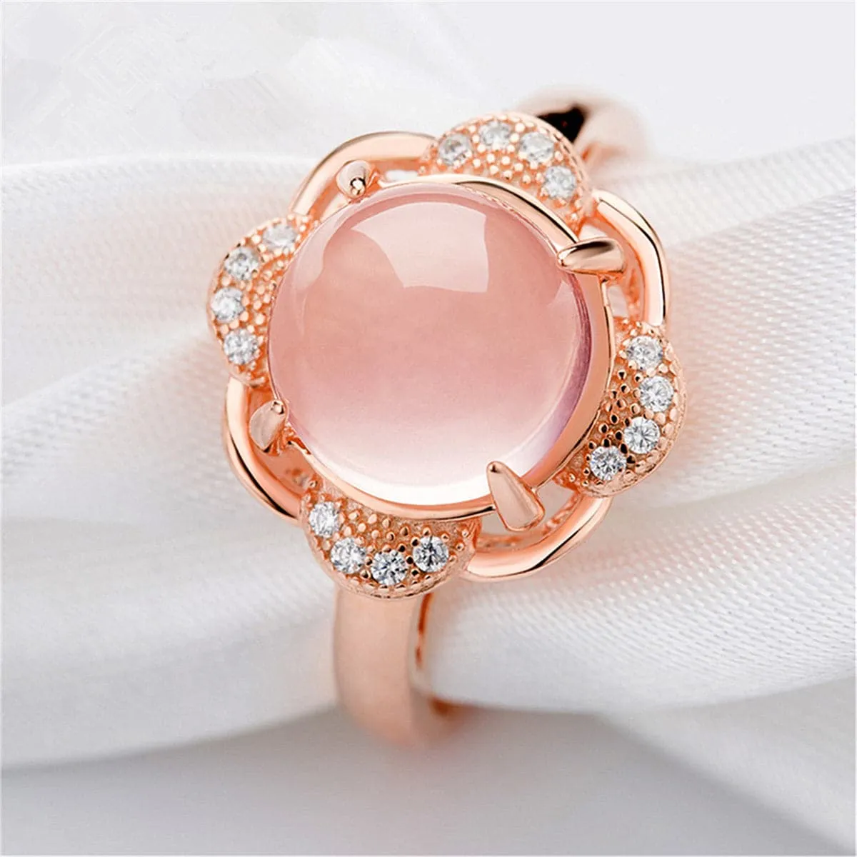 Rose Quartz & Cubic Zirconia Flower Adjustable Ring