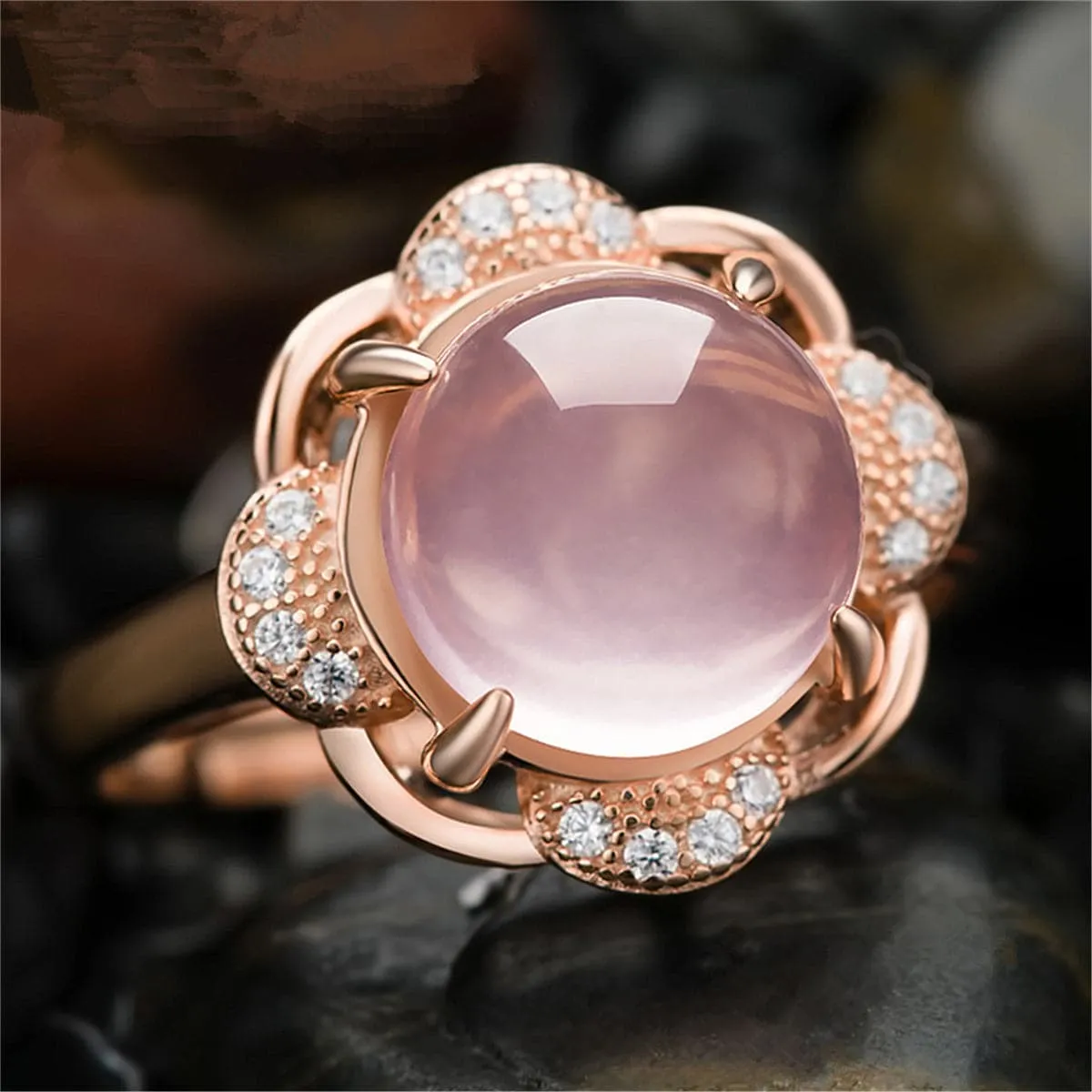 Rose Quartz & Cubic Zirconia Flower Adjustable Ring