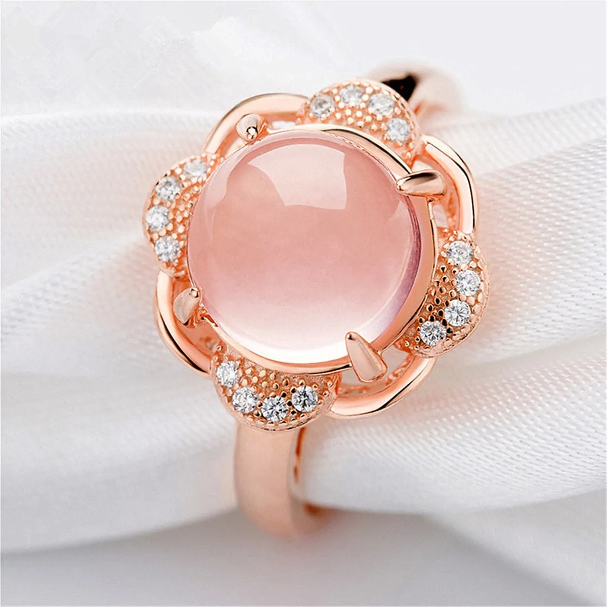 Rose Quartz & Cubic Zirconia Flower Adjustable Ring