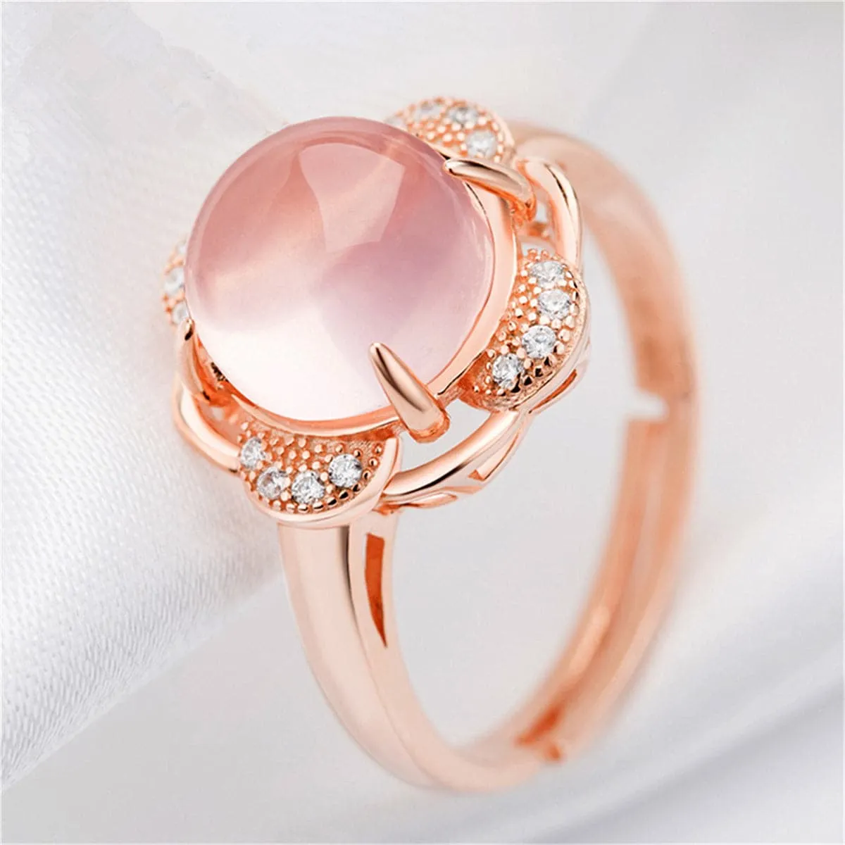 Rose Quartz & Cubic Zirconia Flower Adjustable Ring