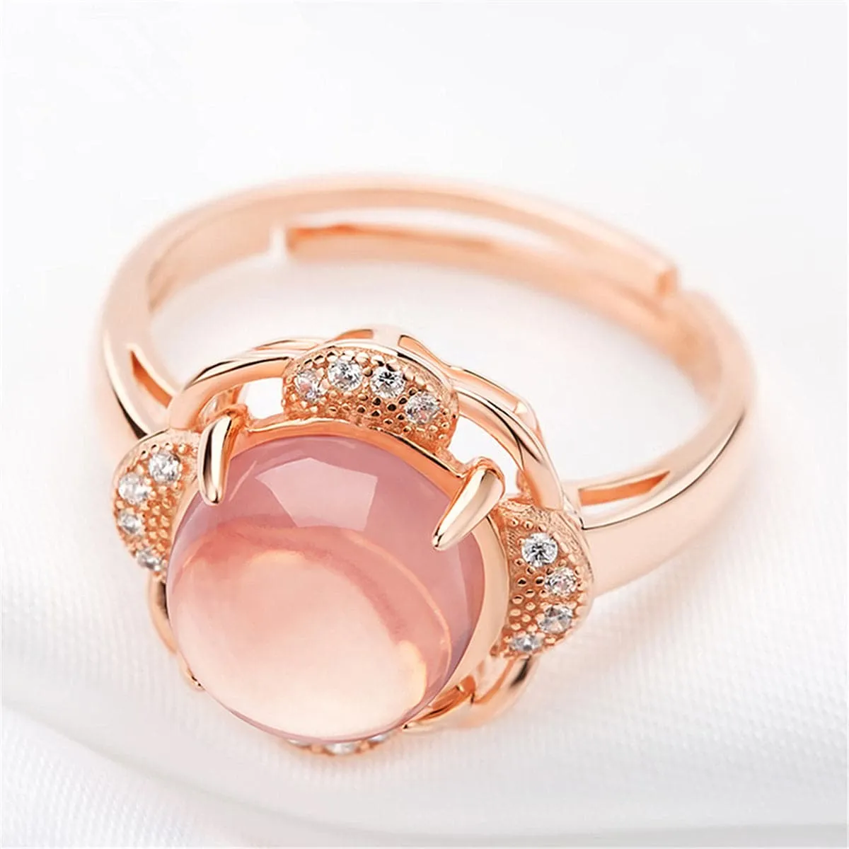 Rose Quartz & Cubic Zirconia Flower Adjustable Ring