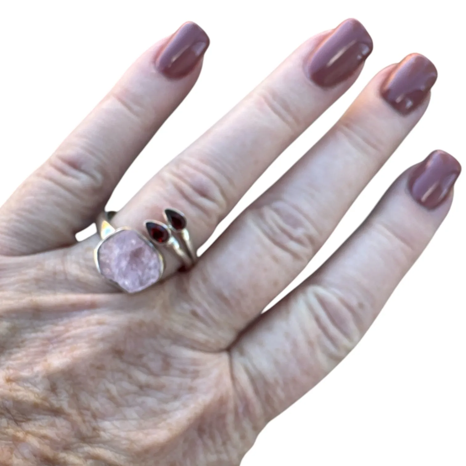 Rose Quartz & Garnet Solid 925 Sterling Silver Ring Adj
