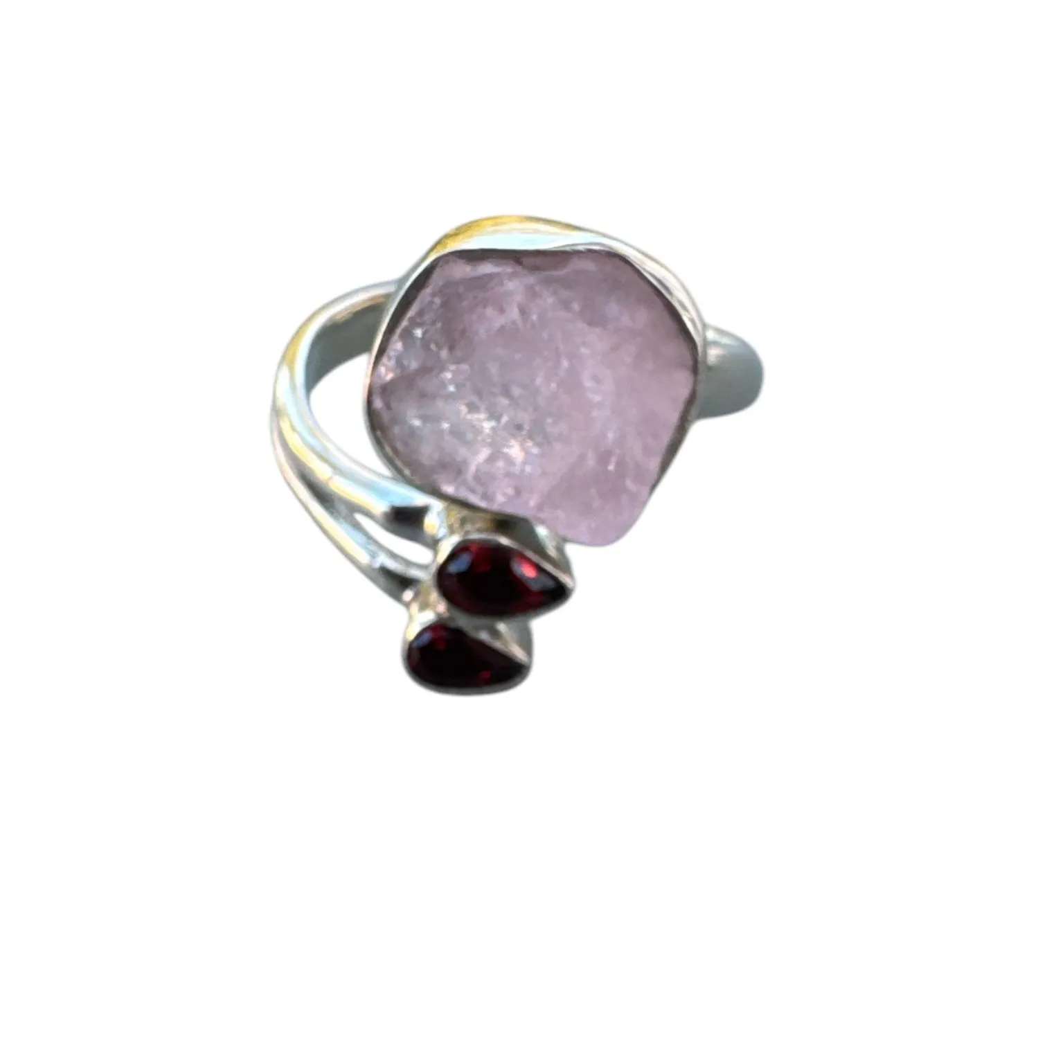 Rose Quartz & Garnet Solid 925 Sterling Silver Ring Adj