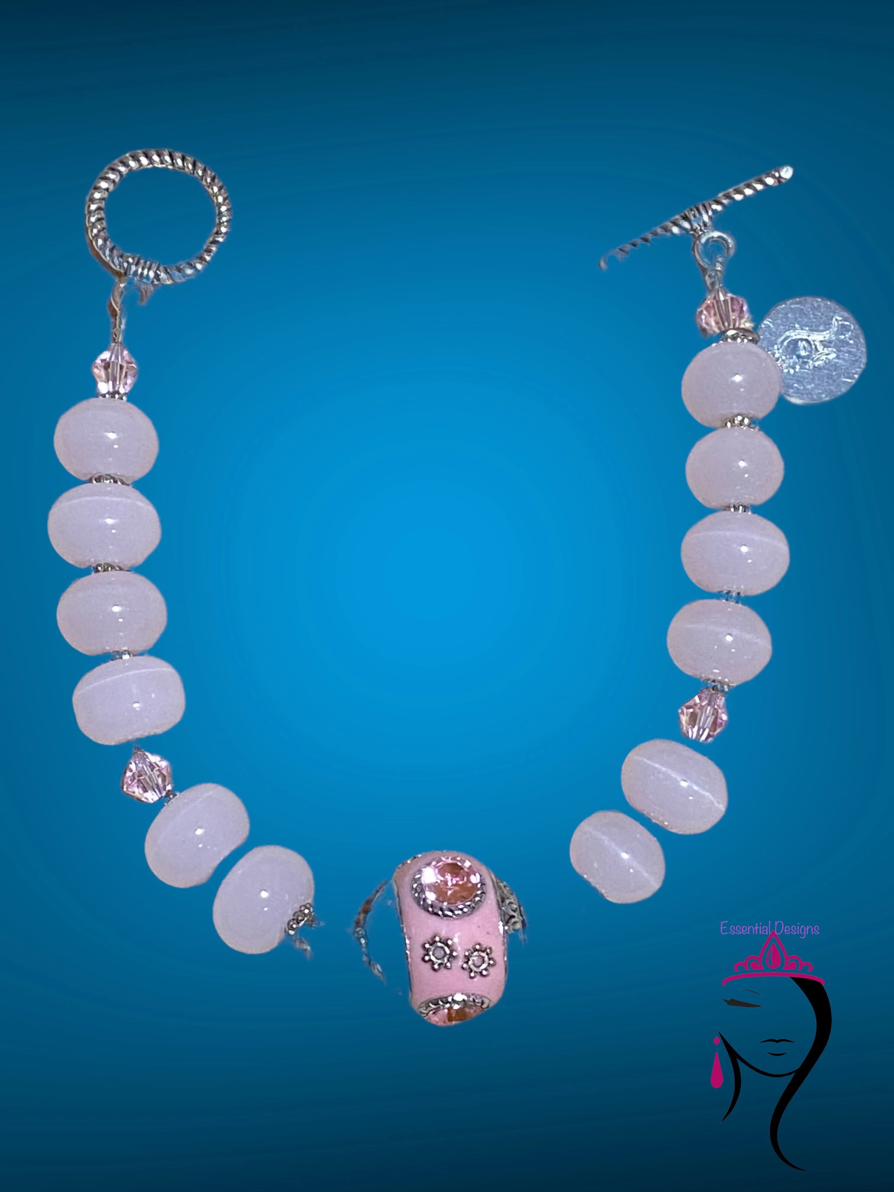 Rose Quartz Bracelet with Large Lampwork Center Accent Bead #19063