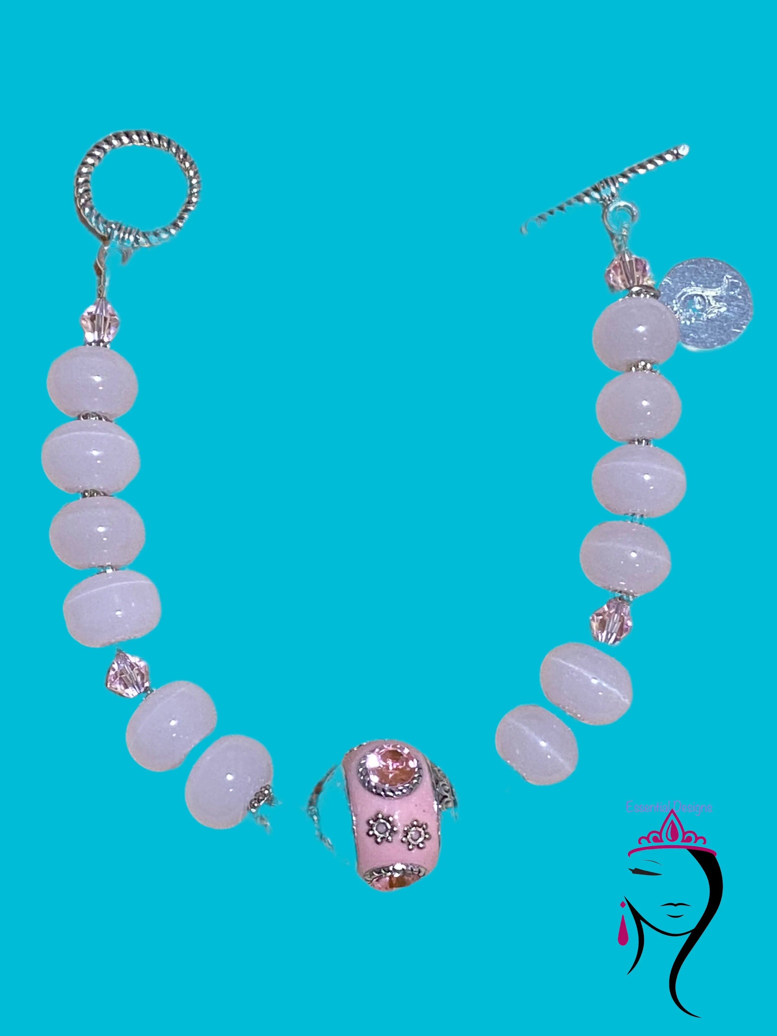 Rose Quartz Bracelet with Large Lampwork Center Accent Bead #19063
