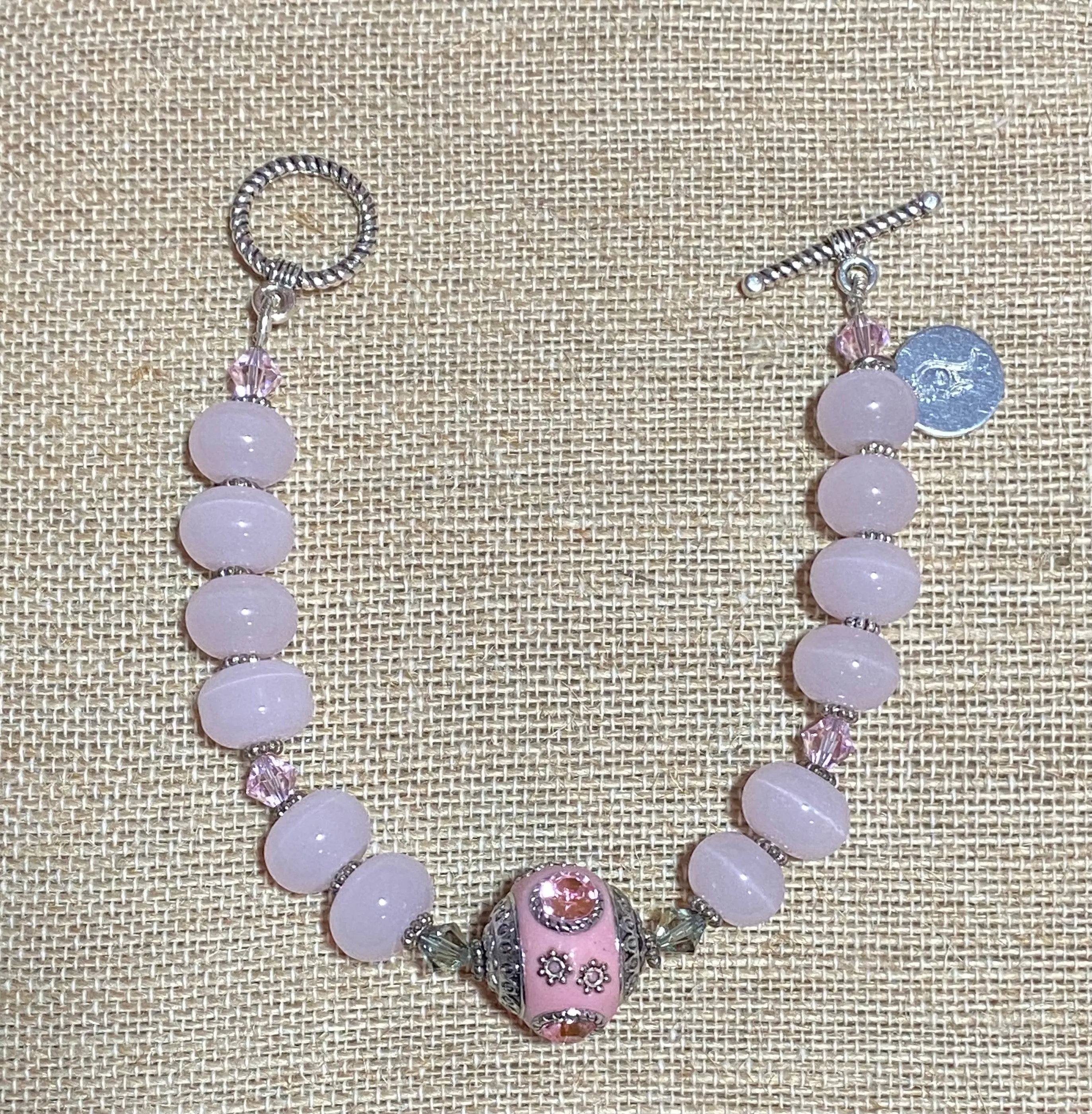 Rose Quartz Bracelet with Large Lampwork Center Accent Bead #19063