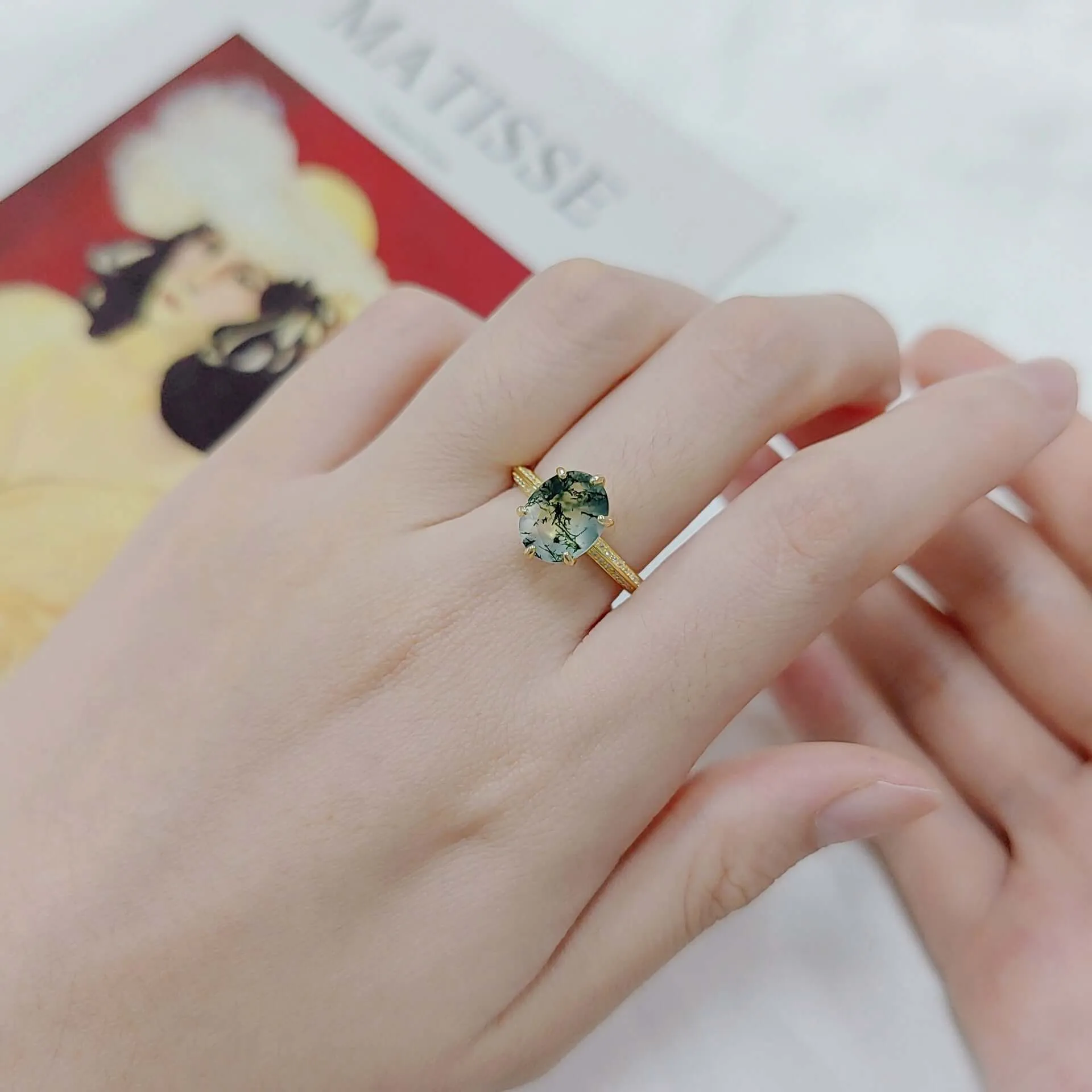 S925 Silver Gold Large Round Moss Agate Ring