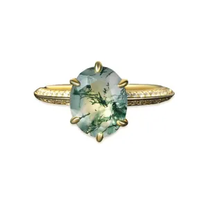 S925 Silver Gold Large Round Moss Agate Ring