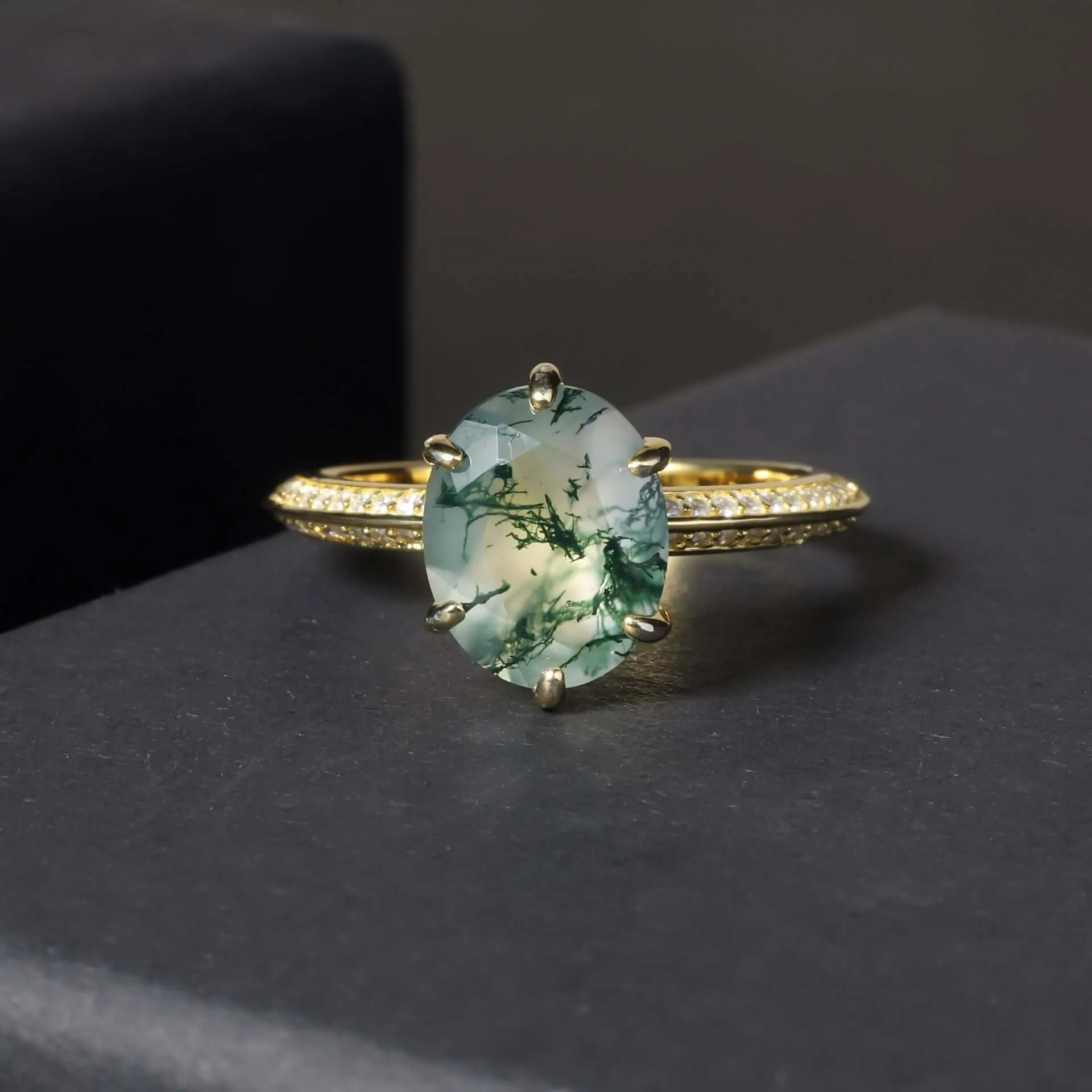 S925 Silver Gold Large Round Moss Agate Ring