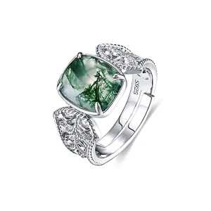 Serpentine Cushion Moss Agate Engagement Adjustable Ring