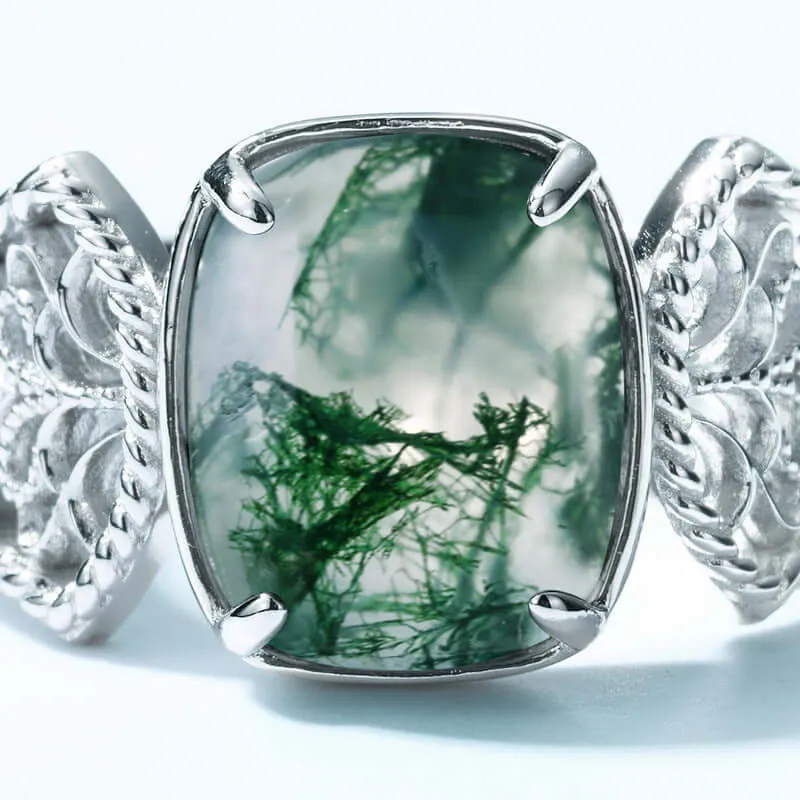 Serpentine Cushion Moss Agate Engagement Adjustable Ring