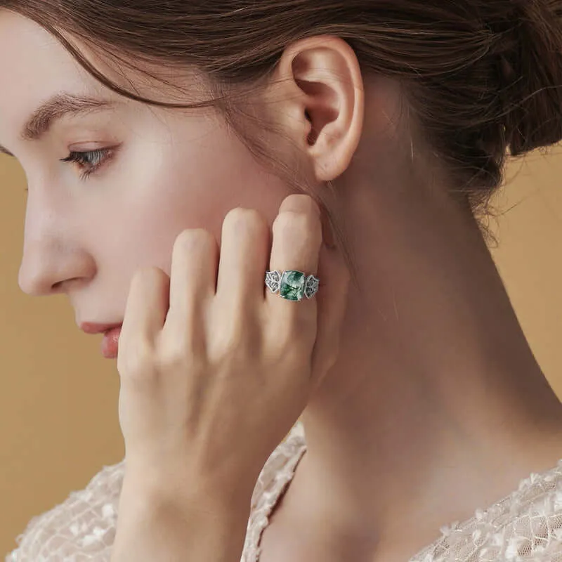 Serpentine Cushion Moss Agate Engagement Adjustable Ring