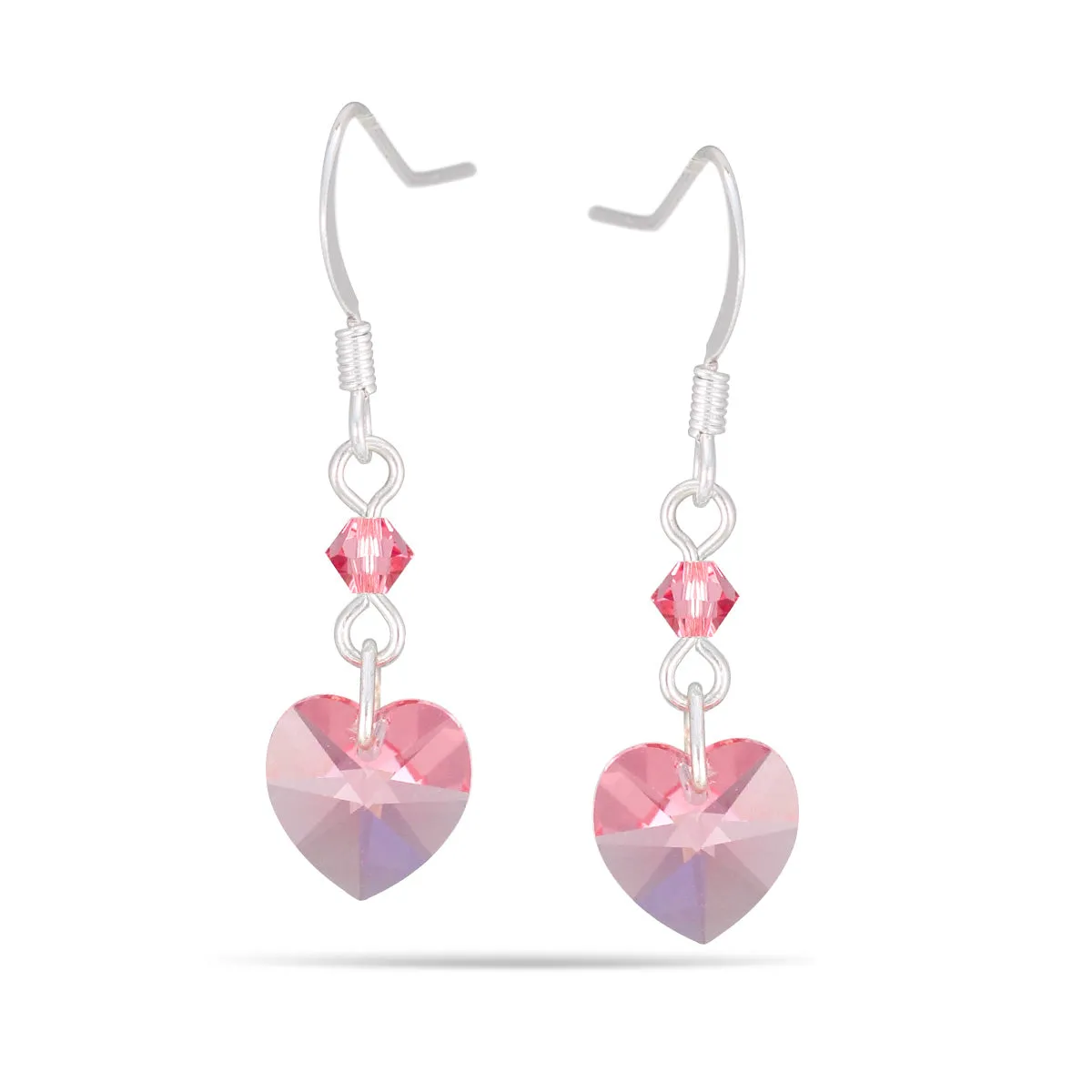 SILVER PINK CRYSTAL HEART DROP EARRINGS #HNE88783SLRS (TF 21)