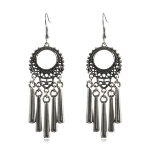 Silver-Plated Open Circle Tassel Drop Earrings