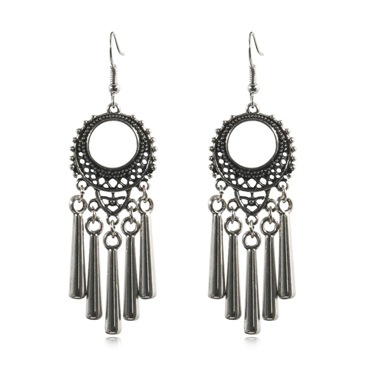Silver-Plated Open Circle Tassel Drop Earrings