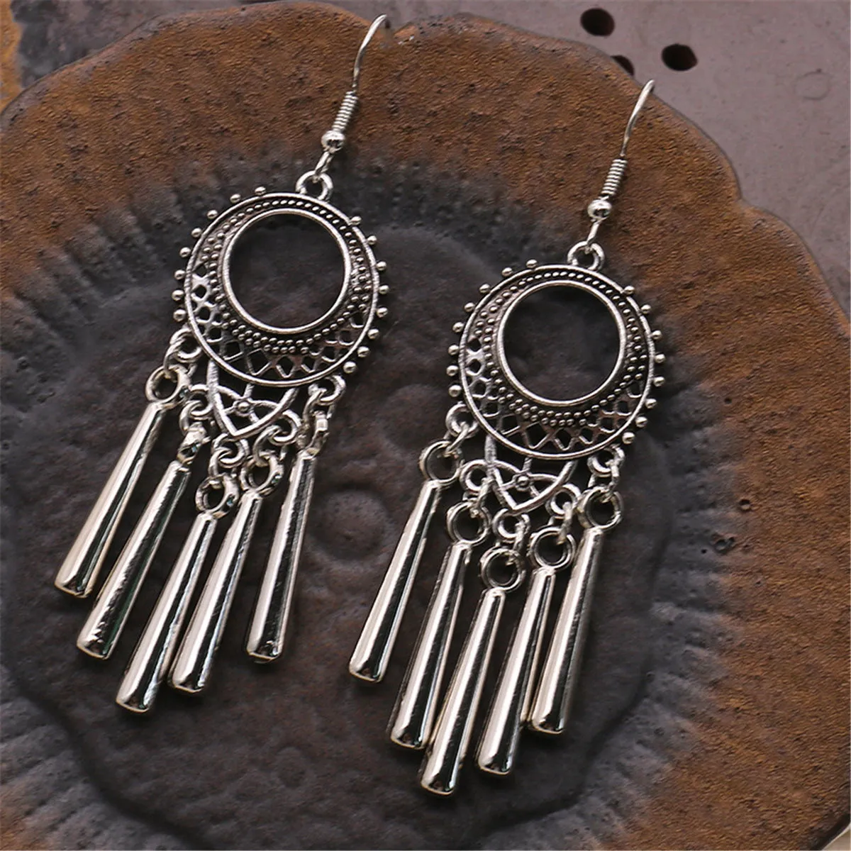 Silver-Plated Open Circle Tassel Drop Earrings