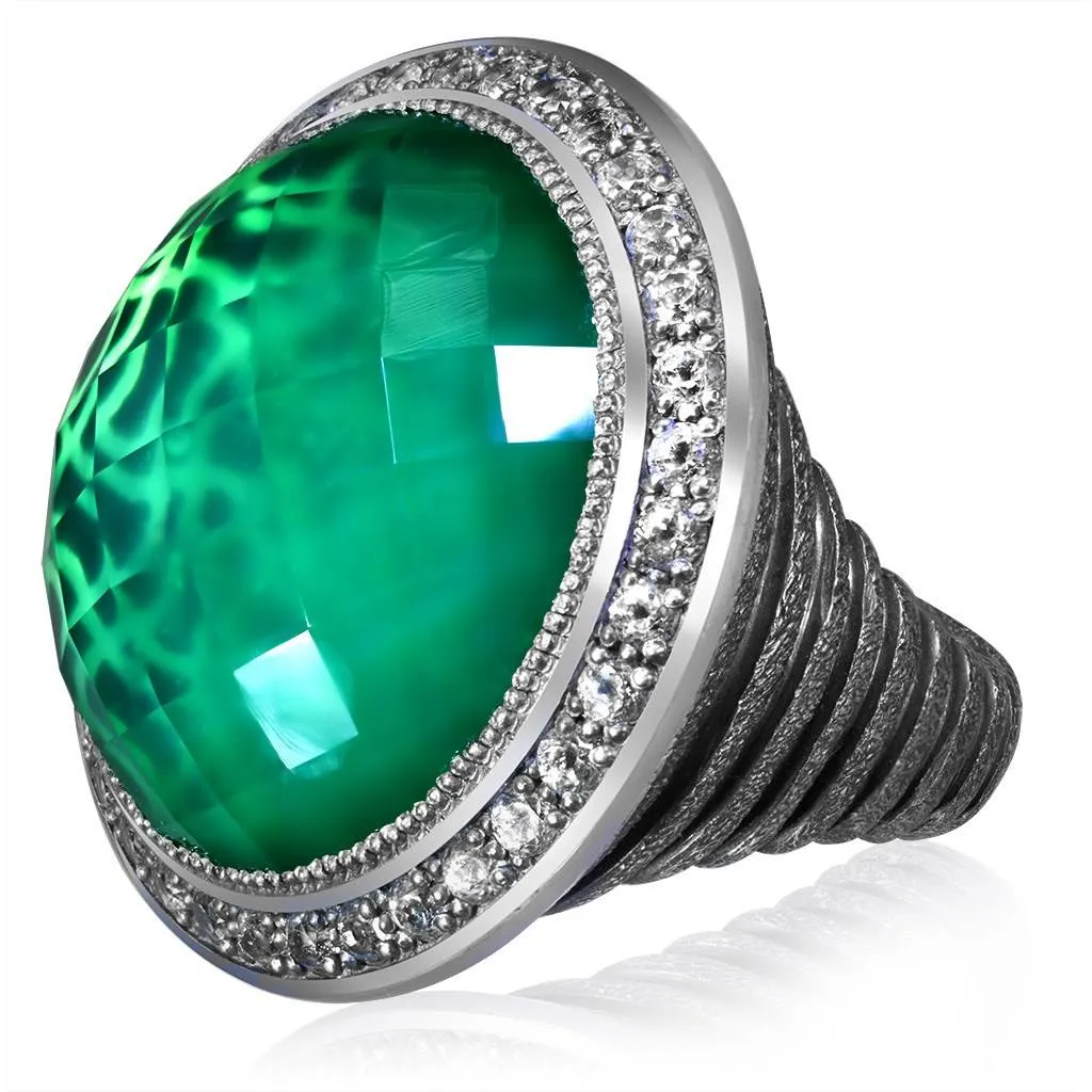 Silver Symbolica Ring with Green Agate Quartz & Topaz