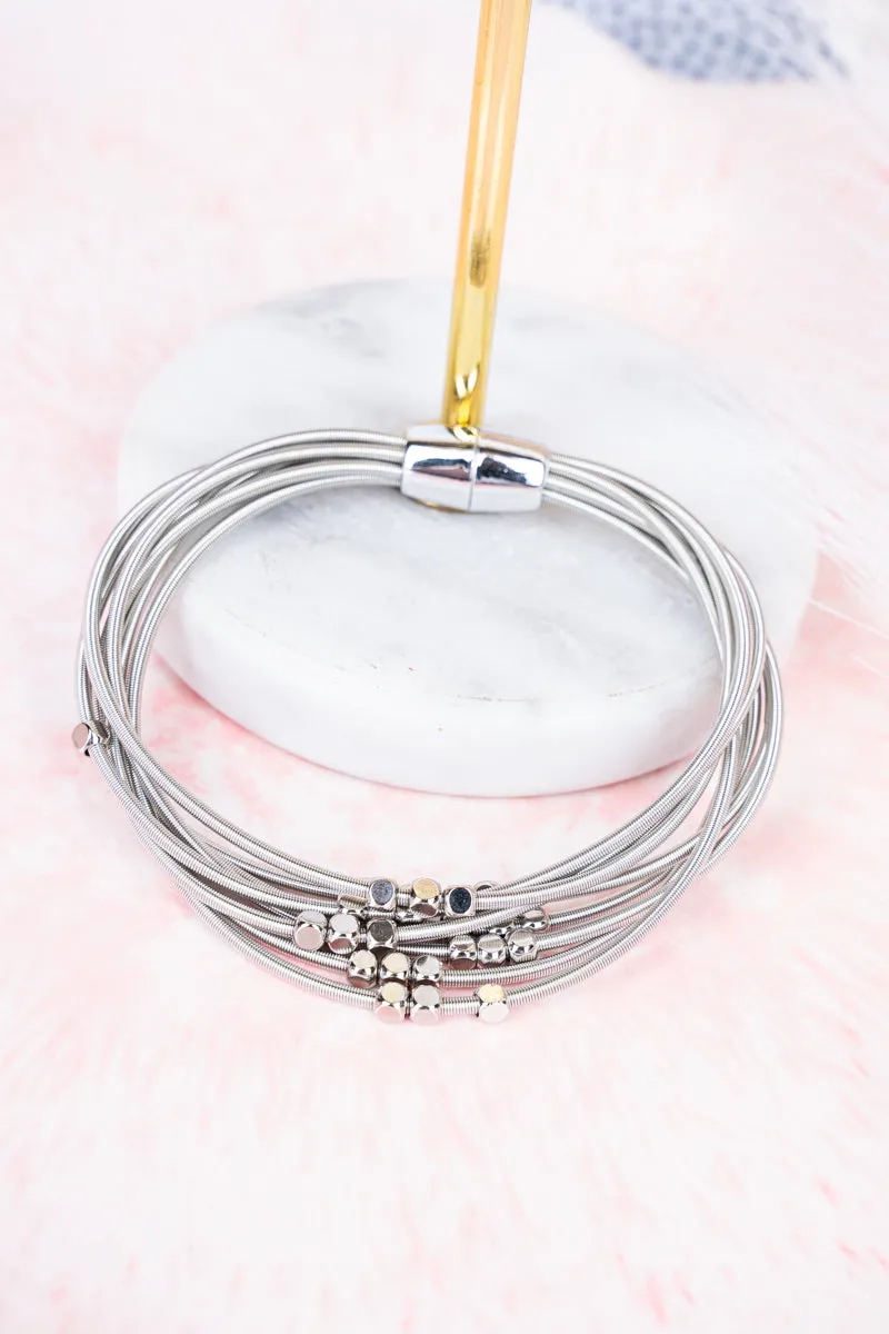 Silvertone Box Bead Multi-Strand Magnetic Bracelet
