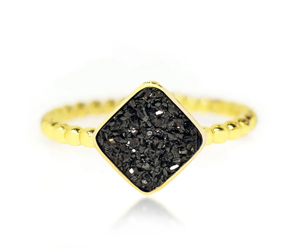 Small Square Black Druzy 14k Gold Vermeil Ring