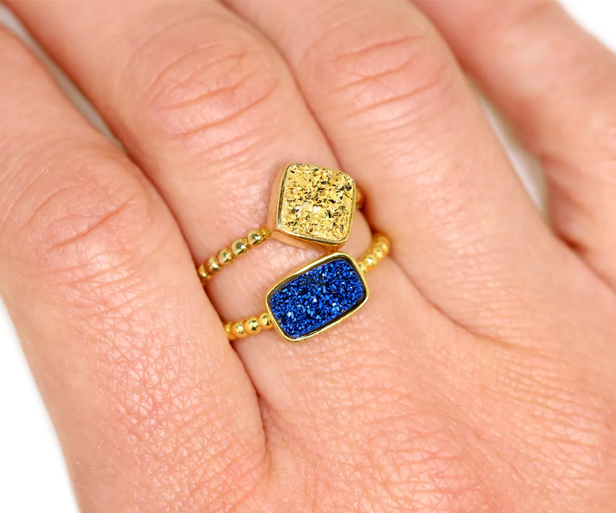 Small Square Black Druzy 14k Gold Vermeil Ring