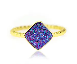 Small Square Purple Rainbow Druzy 14k Gold Vermeil Ring