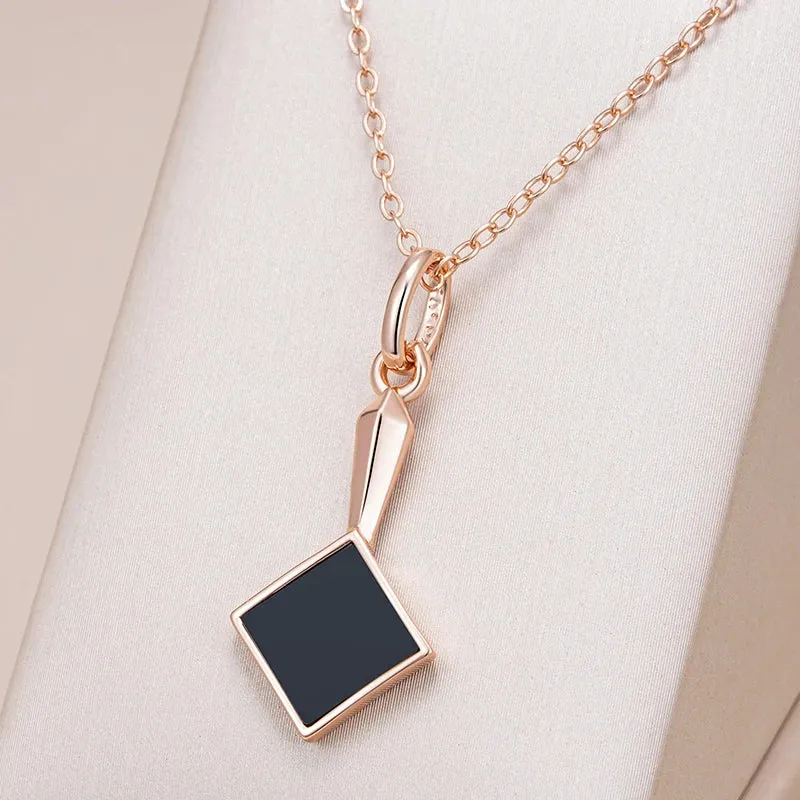 Square Black Stone Pendant Necklace – Rose Gold Vintage Fashion Jewelry