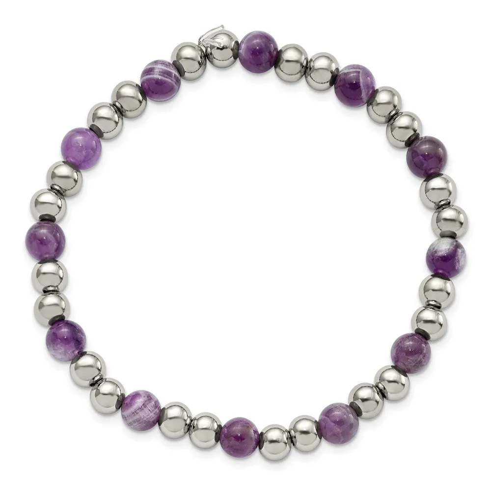 Stainless Steel Polished Purple Zebra Amethyst Beaded Stretch Bracelet