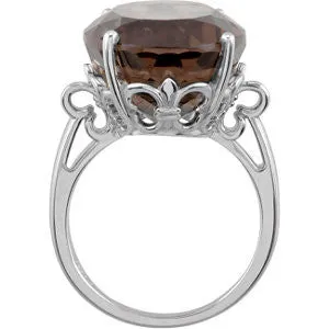 Sterling Silver 20x15mm Oval Smoky Quartz Fleur-de-Lis Ring, Size 7