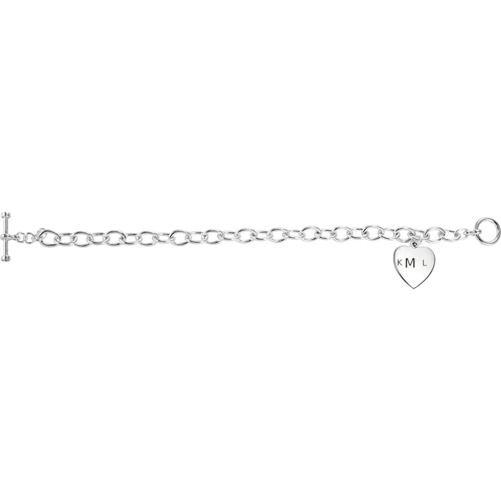 Sterling Silver Cable Toggle Bracelet 7mm with Heart Charm