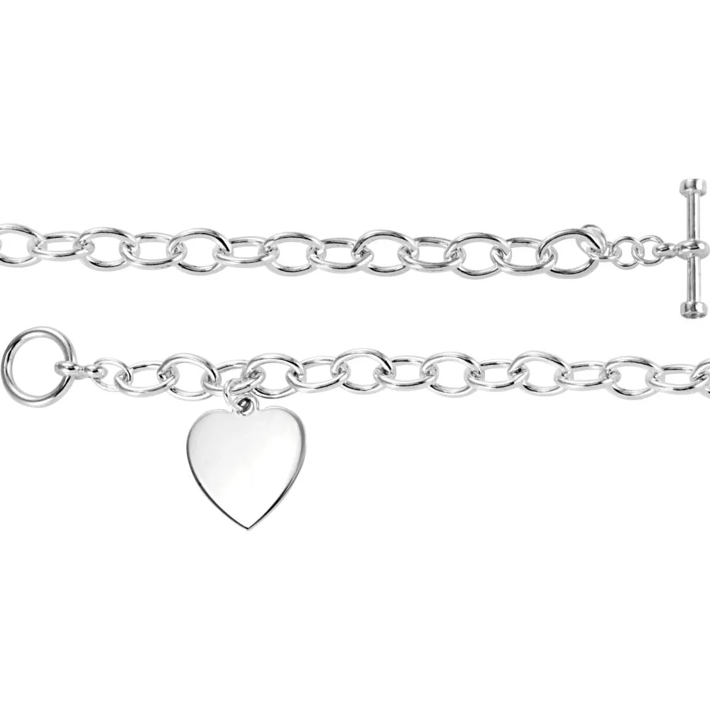 Sterling Silver Cable Toggle Bracelet 7mm with Heart Charm