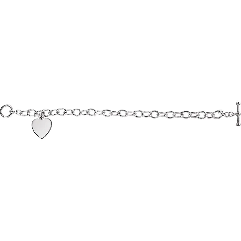 Sterling Silver Cable Toggle Bracelet 7mm with Heart Charm