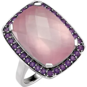 Sterling Silver Checkerboard Rose Quartz & Amethyst Halo Ring, Size 7