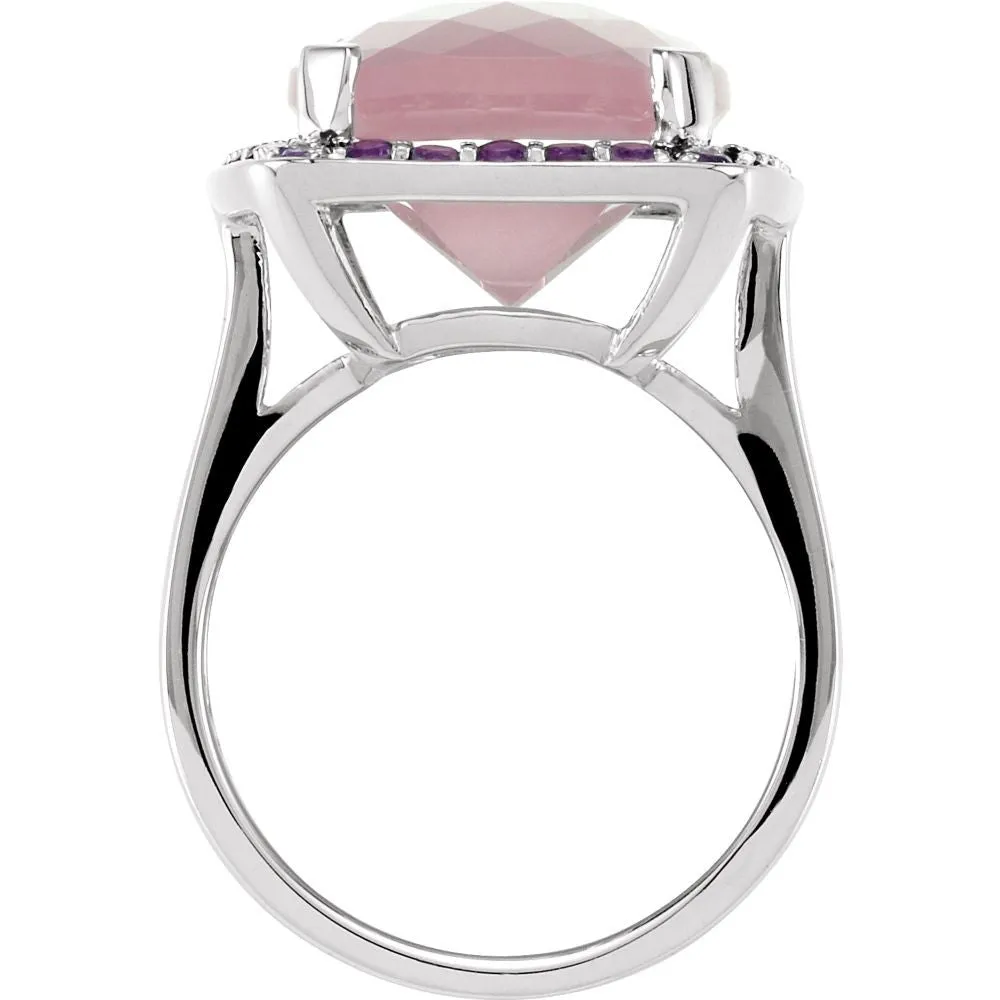 Sterling Silver Checkerboard Rose Quartz & Amethyst Halo Ring, Size 7