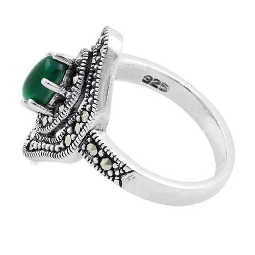 Sterling Silver Green Agate Eye Marcasite Ring