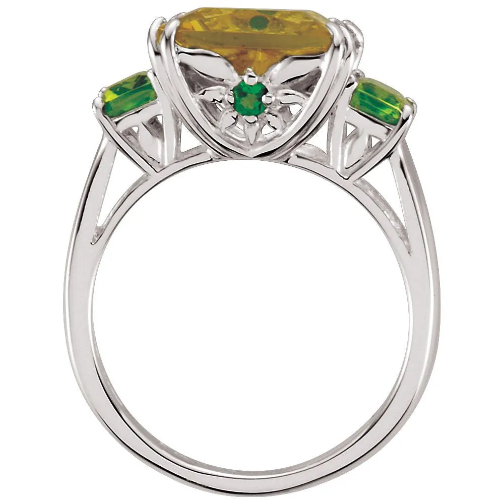 Sterling Silver Lime Quartz, Peridot & Chrome Diopside Ring, Size 7