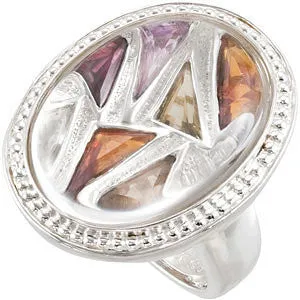 Sterling Silver Multi-Gemstone Granulated Design Ring, Size 7