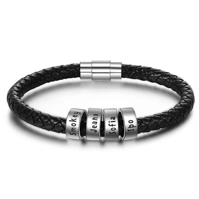 Sterling Silver Personalized Custom Name Beads Bracelets for Men Charm Black Braided Rope Leather Bracelet Jewelry