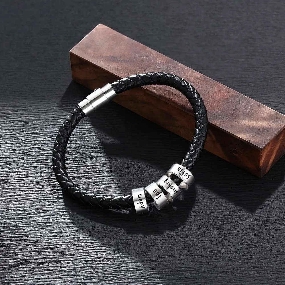 Sterling Silver Personalized Custom Name Beads Bracelets for Men Charm Black Braided Rope Leather Bracelet Jewelry
