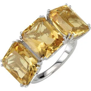 Sterling Silver Yellow Quartz 3-Stone Ring, Size 7
