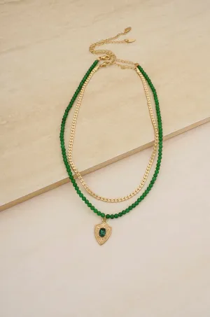 The Perfect Pair Green Agate Bead and Emerald Crystal Charm 18k Gold Plated Necklace Set